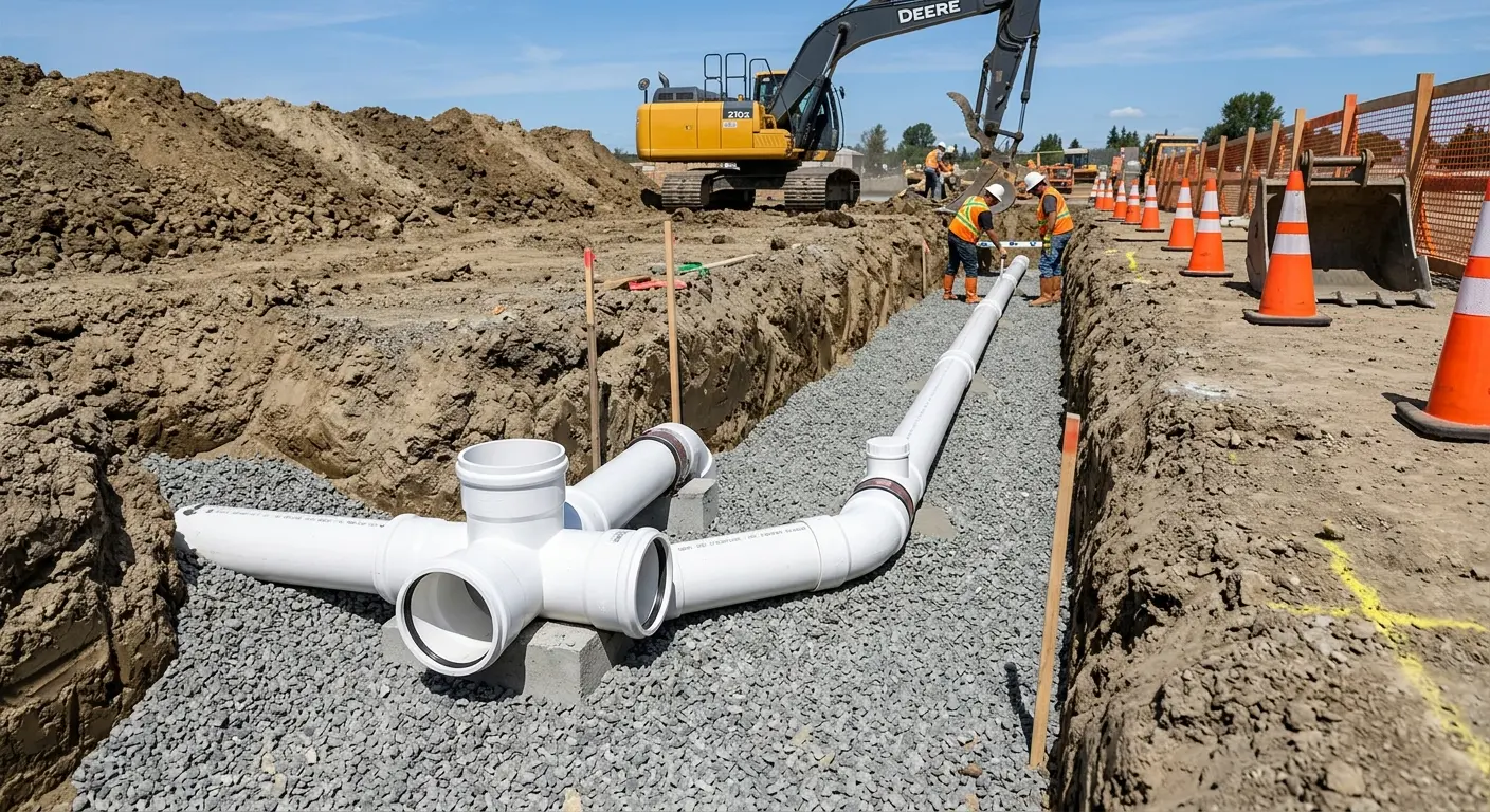 New PVC sewer pipe installation in open trench for Commercial Drain Cleaning in Atlantic City