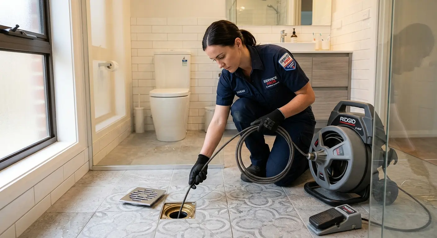 Technician clearing a bathroom floor drain for Clogged Drain Repair in Atlantic City